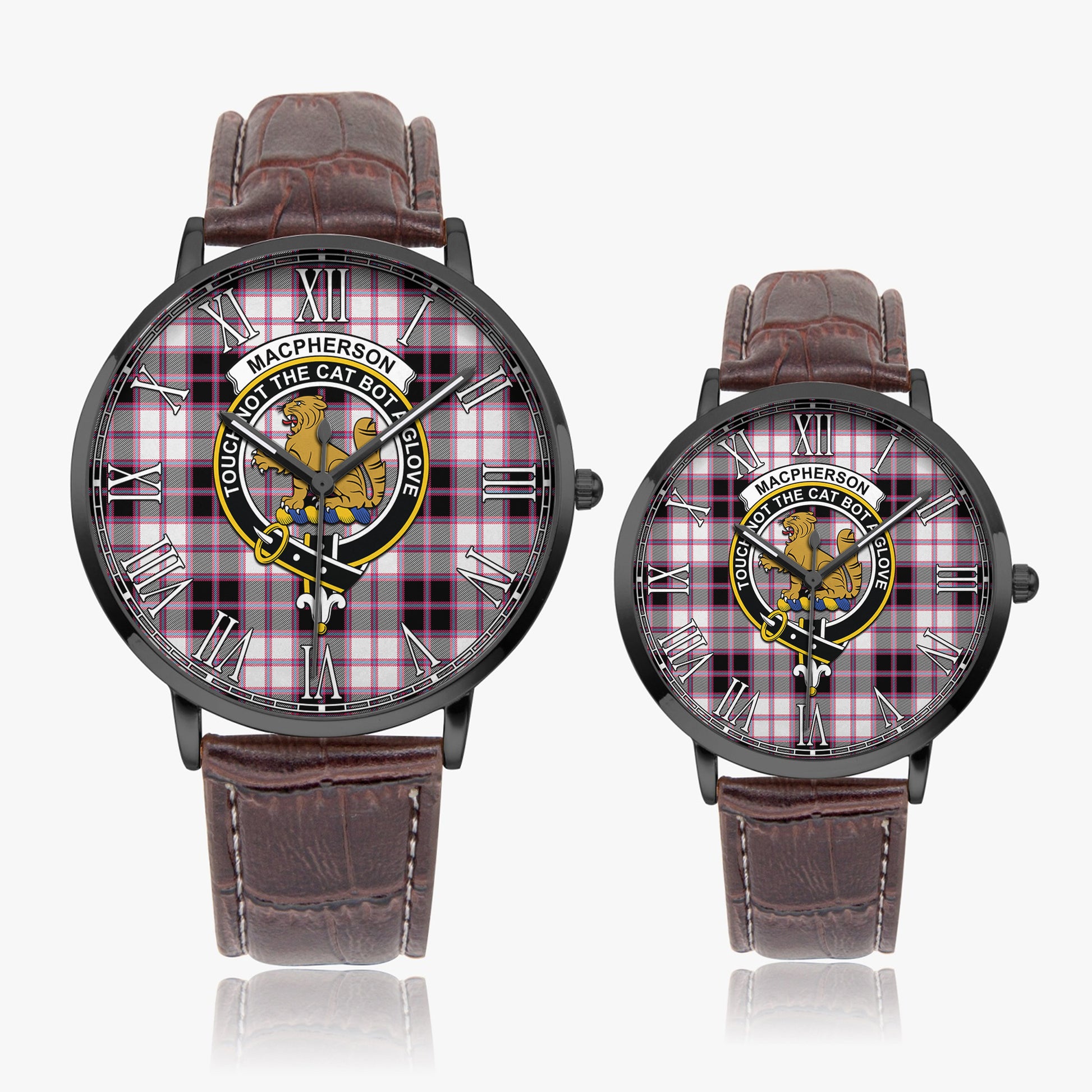 MacPherson Hunting Modern Tartan Family Crest Leather Strap Quartz Watch - Tartanvibesclothing