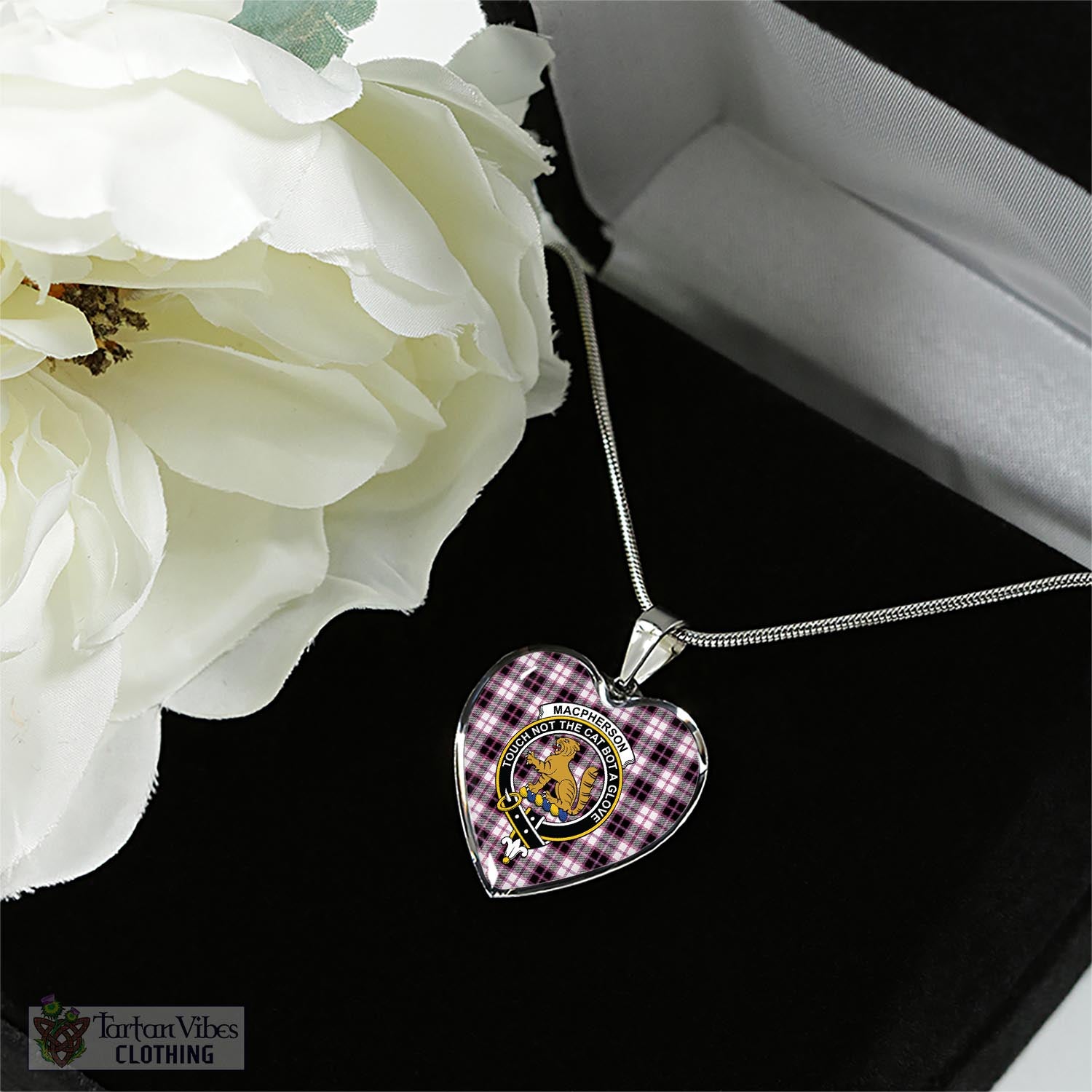 Tartan Vibes Clothing MacPherson Hunting Modern Tartan Heart Necklace with Family Crest