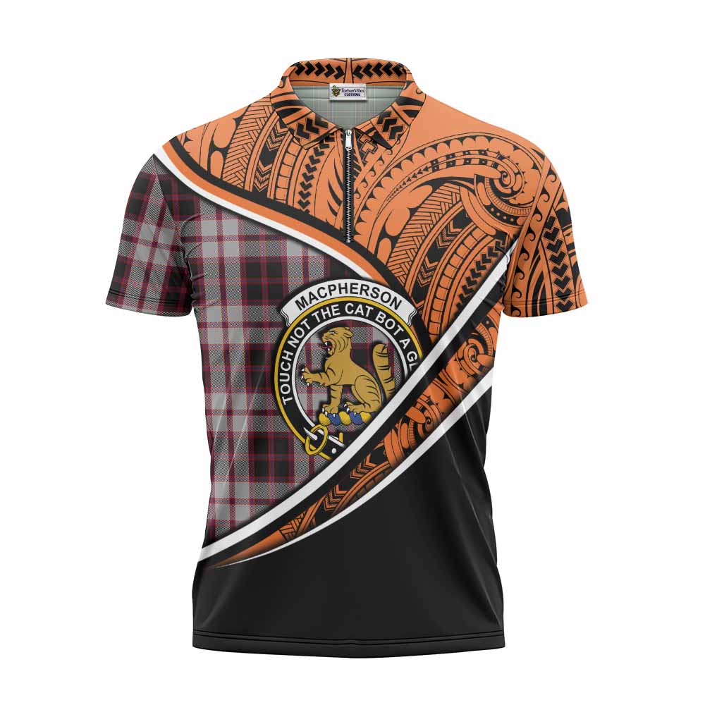 Tartan Vibes Clothing MacPherson (McPherson) Crest Tartan Zipper Polo Shirt with Maori Tattoo Style - Orange Version