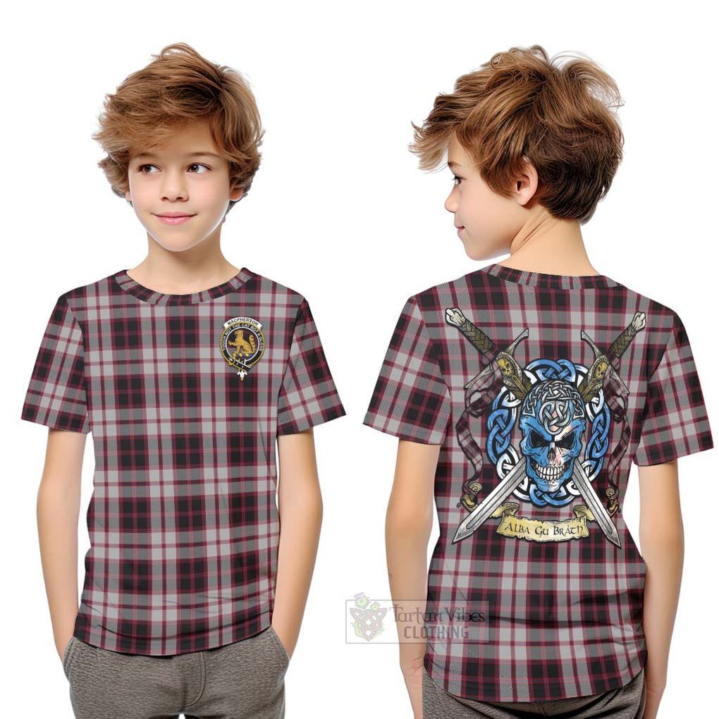 Tartan Vibes Clothing MacPherson (McPherson) Tartan Kid T-Shirt with Family Crest Celtic Skull Style