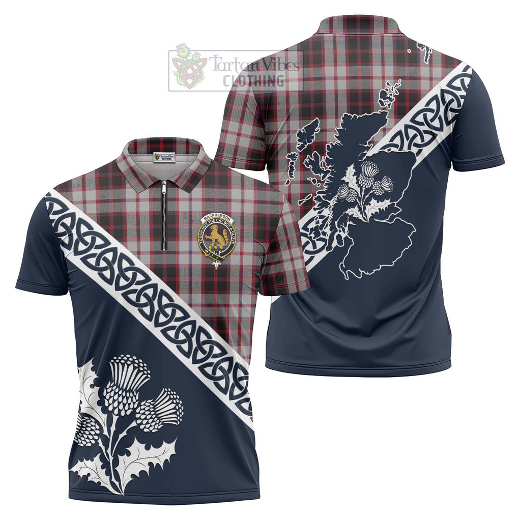 Tartan Vibes Clothing MacPherson (McPherson) Tartan Zipper Polo Shirt Featuring Thistle and Scotland Map