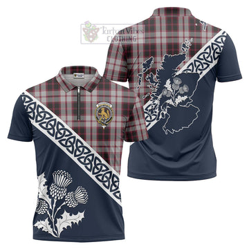 MacPherson (McPherson) Tartan Zipper Polo Shirt Featuring Thistle and Scotland Map