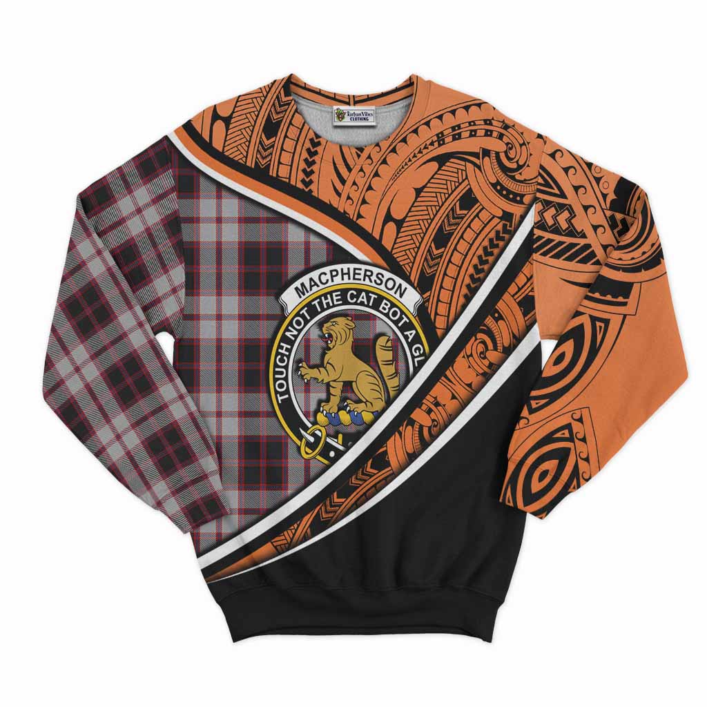 Tartan Vibes Clothing MacPherson (McPherson) Crest Tartan Sweatshirt with Maori Tattoo Style - Orange Version