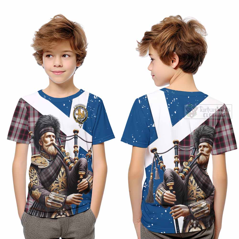 Tartan Vibes Clothing MacPherson (McPherson) Tartan Kid T-Shirt with Family Crest Scottish Bagpiper Vibes