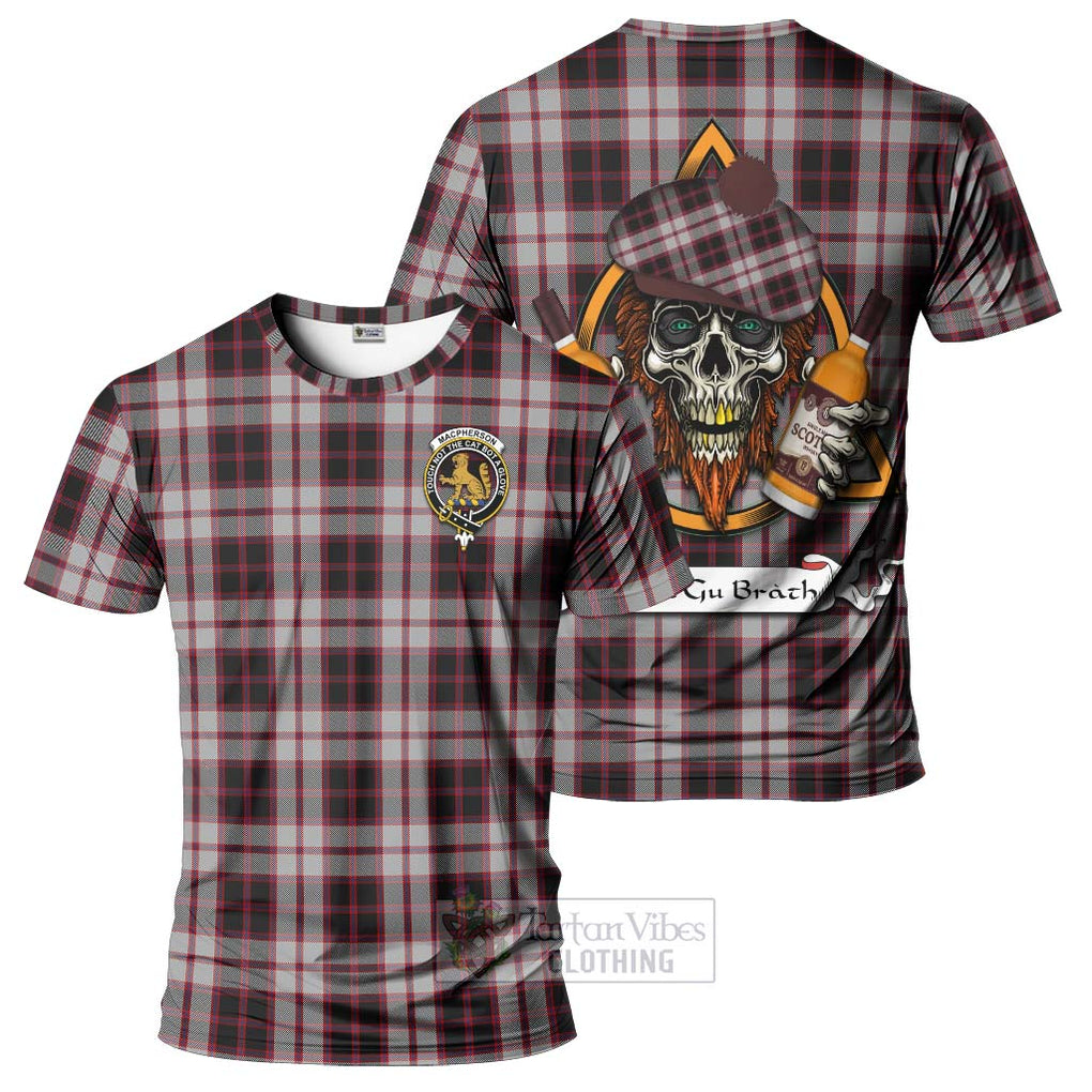 Tartan Vibes Clothing MacPherson (McPherson) Tartan T-Shirt with Family Crest and Bearded Skull Holding Bottles of Whiskey