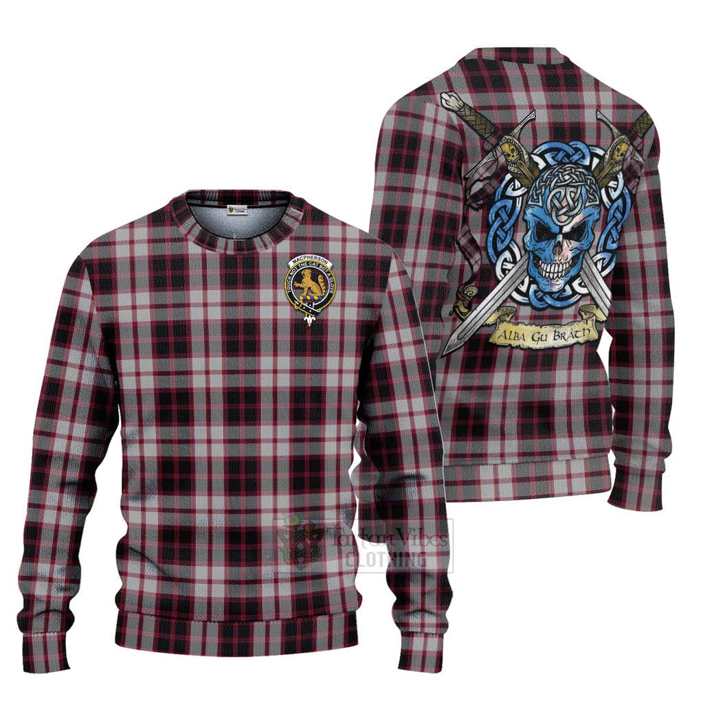 Tartan Vibes Clothing MacPherson (McPherson) Tartan Knitted Sweater with Family Crest Celtic Skull Style