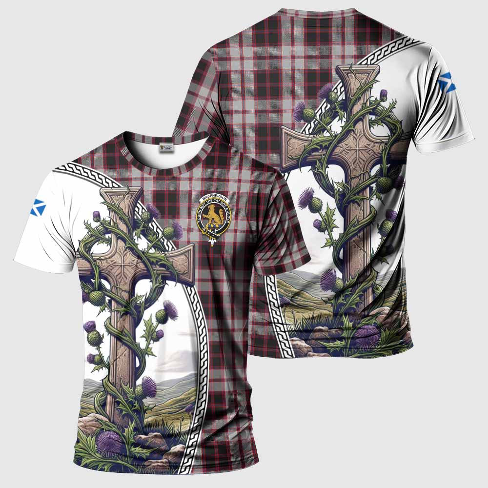 Tartan Vibes Clothing MacPherson (McPherson) Agnew Tartan T-Shirt with Family Crest and St. Andrew's Cross Accented by Thistle Vines