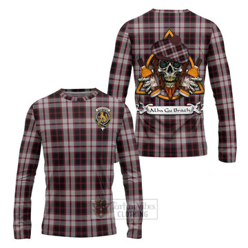 MacPherson (McPherson) Tartan Long Sleeve T-Shirt with Family Crest and Bearded Skull Holding Bottles of Whiskey