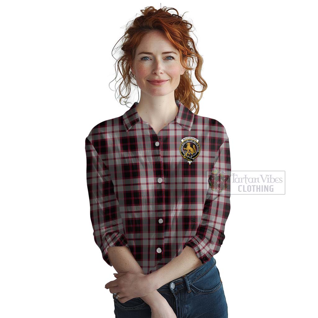 Tartan Vibes Clothing MacPherson (McPherson) Tartan Women's Casual Shirt with Family Crest and Bearded Skull Holding Bottles of Whiskey