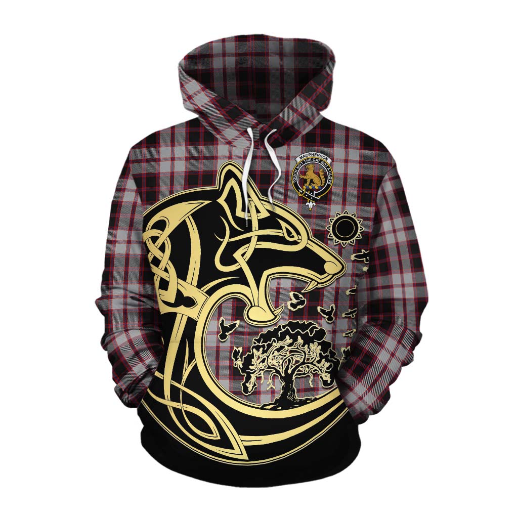 Tartan Vibes Clothing MacPherson (McPherson) Tartan Cotton Hoodie with Family Crest Celtic Wolf Style