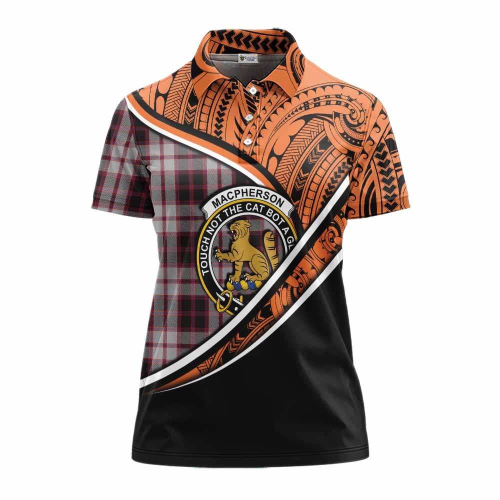 Tartan Vibes Clothing MacPherson (McPherson) Crest Tartan Women's Polo Shirt with Maori Tattoo Style - Orange Version