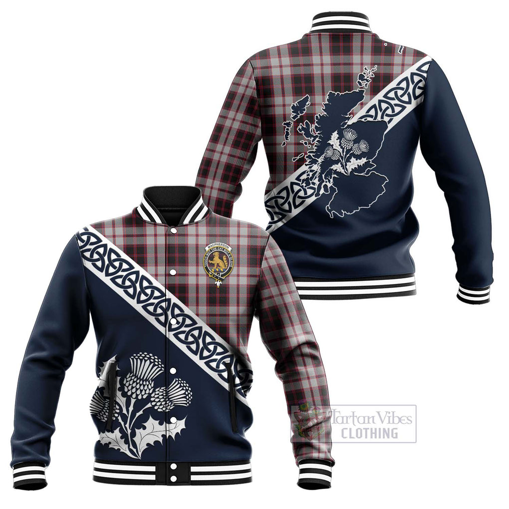 Tartan Vibes Clothing MacPherson (McPherson) Tartan Baseball Jacket Featuring Thistle and Scotland Map