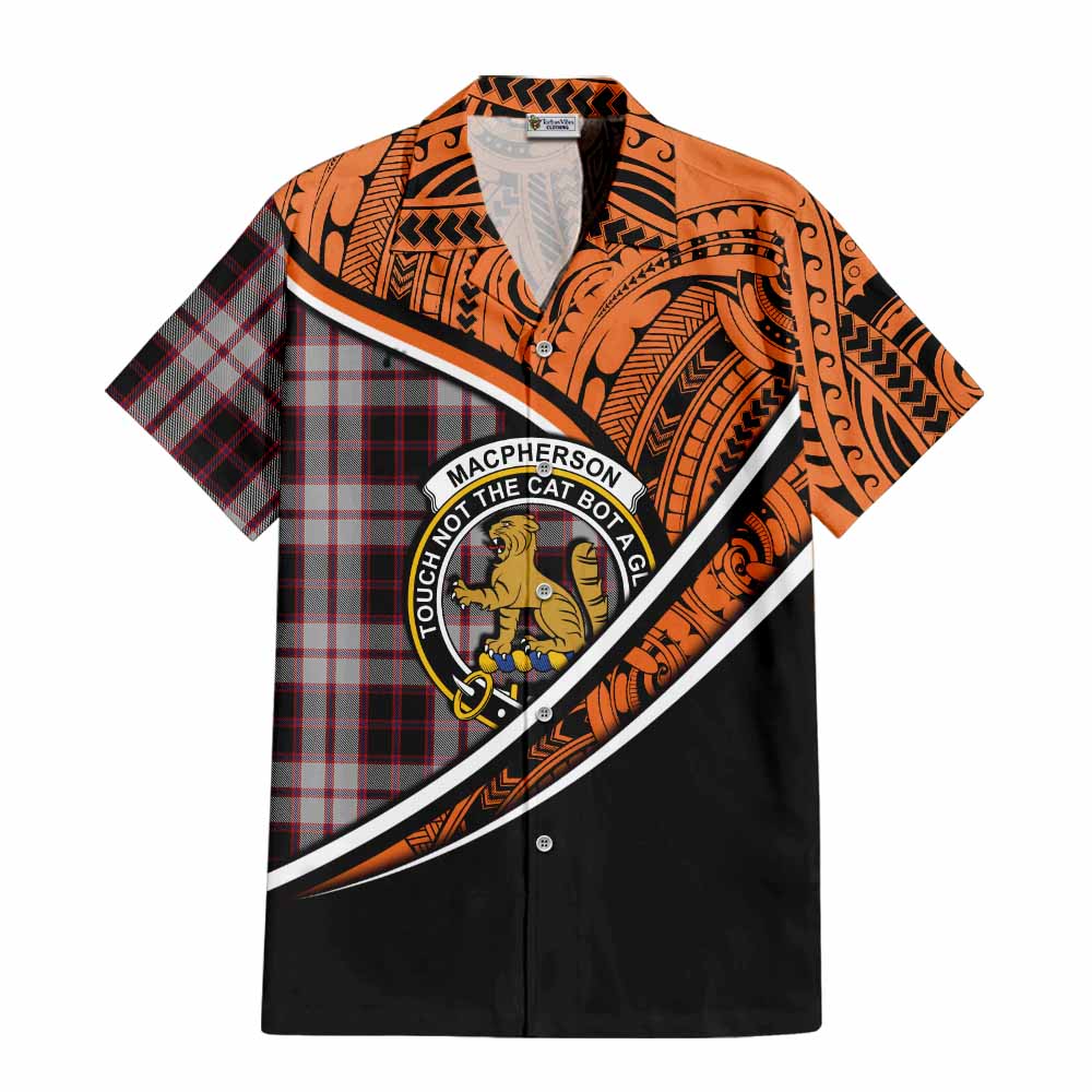 Tartan Vibes Clothing MacPherson (McPherson) Crest Tartan Short Sleeve Button Shirt with Maori Tattoo Style - Orange Version