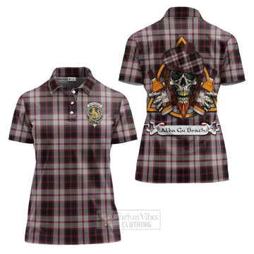 MacPherson (McPherson) Tartan Women's Polo Shirt with Family Crest and Bearded Skull Holding Bottles of Whiskey