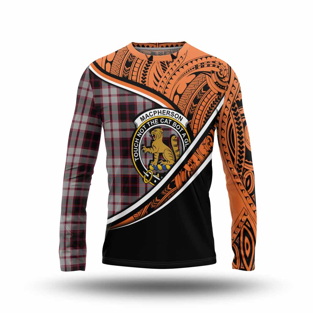 Tartan Vibes Clothing MacPherson (McPherson) Crest Tartan Long Sleeve T-Shirt with Maori Tattoo Style - Orange Version