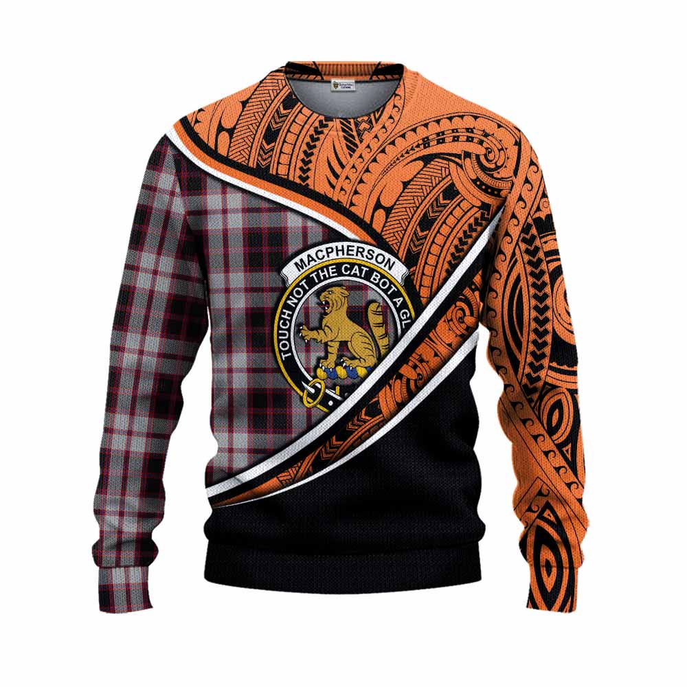 Tartan Vibes Clothing MacPherson (McPherson) Crest Tartan Knitted Sweater with Maori Tattoo Style - Orange Version