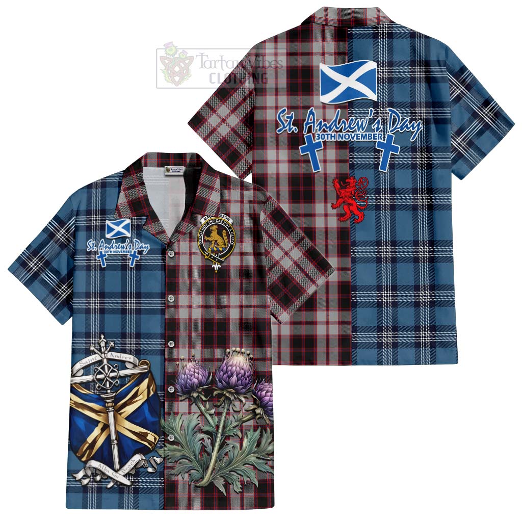 Tartan Vibes Clothing MacPherson (McPherson) Tartan Short Sleeve Button Shirt Happy St. Andrew's Day Half Tartan Style