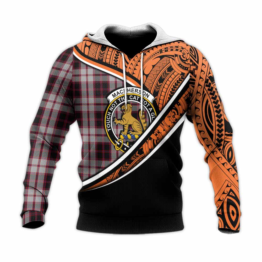 Tartan Vibes Clothing MacPherson (McPherson) Crest Tartan Knitted Hoodie with Maori Tattoo Style - Orange Version