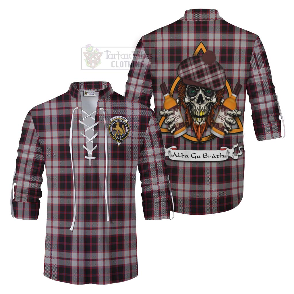 Tartan Vibes Clothing MacPherson (McPherson) Tartan Ghillie Kilt Shirt with Family Crest and Bearded Skull Holding Bottles of Whiskey