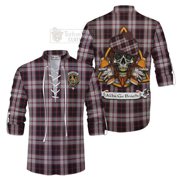 MacPherson (McPherson) Tartan Ghillie Kilt Shirt with Family Crest and Bearded Skull Holding Bottles of Whiskey