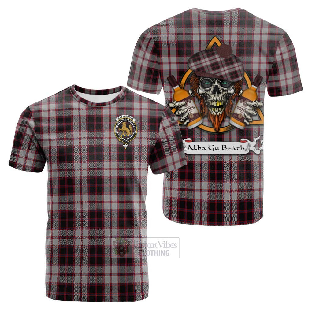 Tartan Vibes Clothing MacPherson (McPherson) Tartan Cotton T-shirt with Family Crest and Bearded Skull Holding Bottles of Whiskey