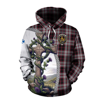 MacPherson (McPherson) Tartan Cotton Hoodie with Family Crest and St. Andrew's Cross Accented by Thistle Vines