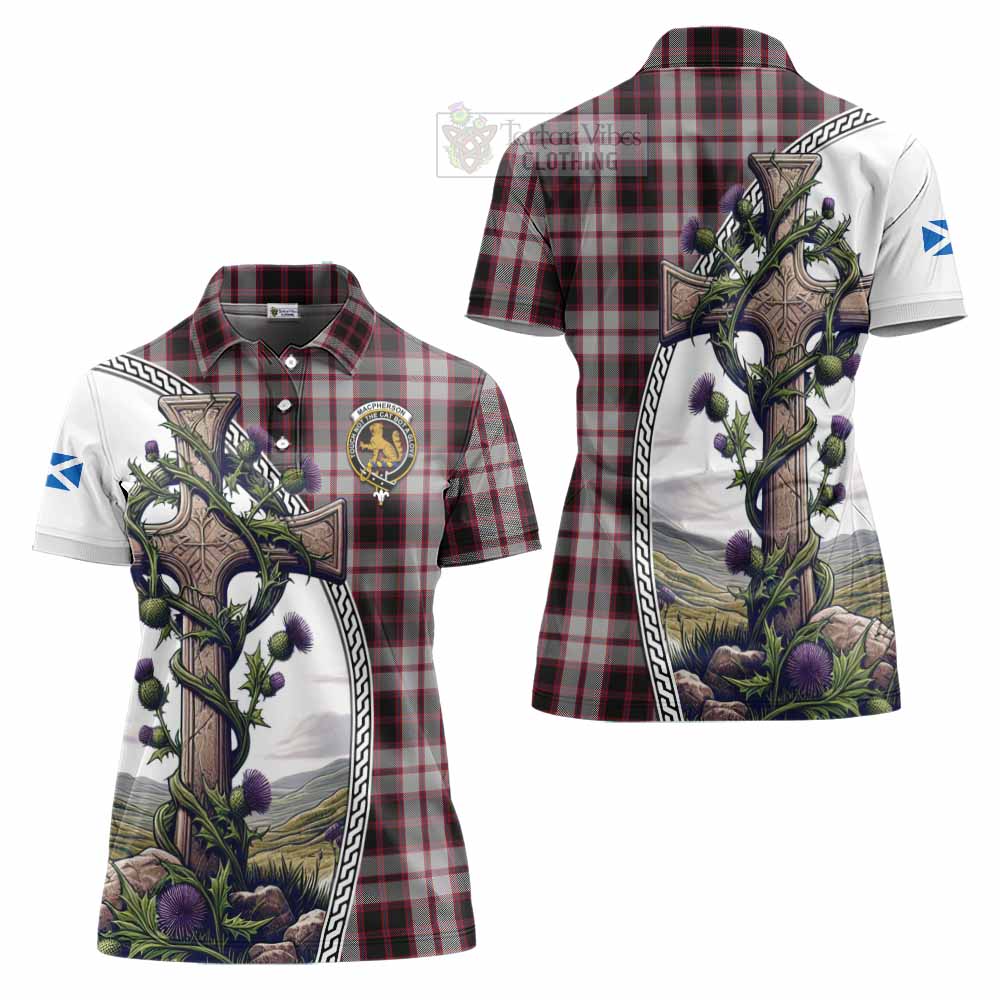 Tartan Vibes Clothing MacPherson (McPherson) Tartan Women's Polo Shirt with Family Crest and St. Andrew's Cross Accented by Thistle Vines