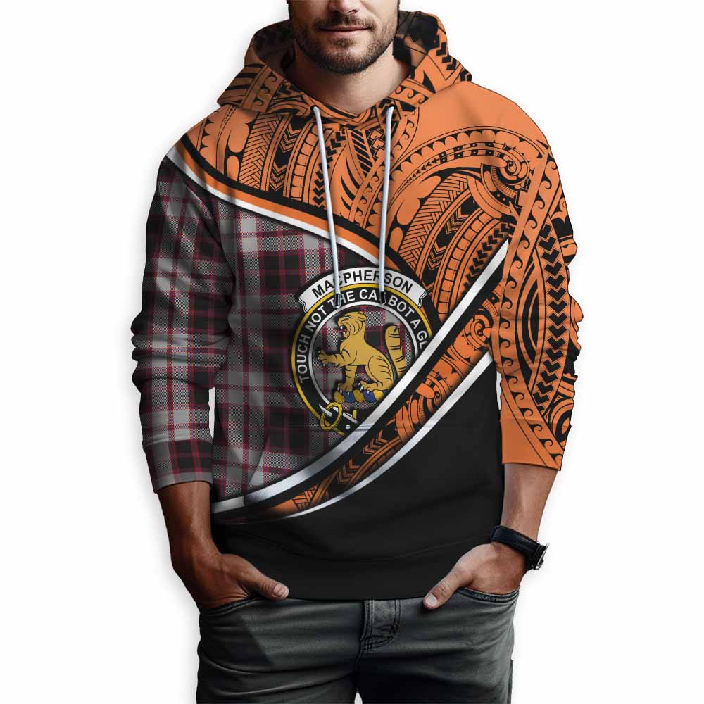 Tartan Vibes Clothing MacPherson (McPherson) Crest Tartan Hoodie with Maori Tattoo Style - Orange Version