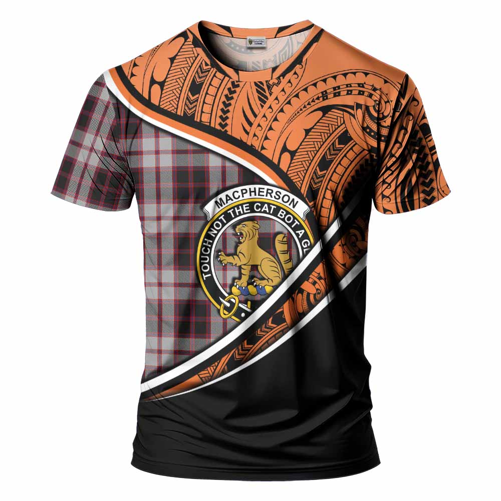 Tartan Vibes Clothing MacPherson (McPherson) Crest Tartan T-Shirt with Maori Tattoo Style - Orange Version