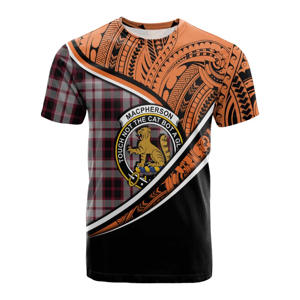 Tartan Vibes Clothing MacPherson (McPherson) Crest Tartan Cotton T-shirt with Maori Tattoo Style - Orange Version