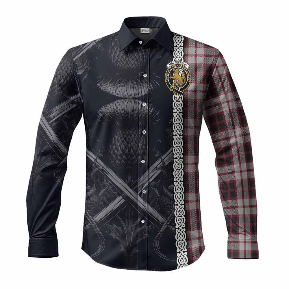 MacPherson (McPherson) Tartan Long Sleeve Button Shirt with Family Crest Cross Sword Thistle Celtic Vibes Men's Shirt S - Tartan Vibes Clothing