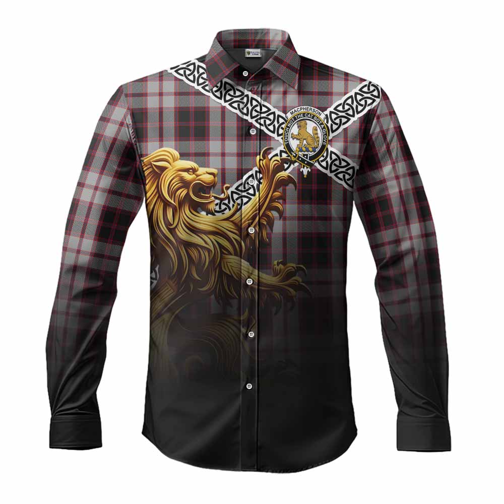 MacPherson (McPherson) Crest Tartan Long Sleeve Button Shirt with Golden Lion Emblem Celtic Style Men's Shirt S - Tartan Vibes Clothing