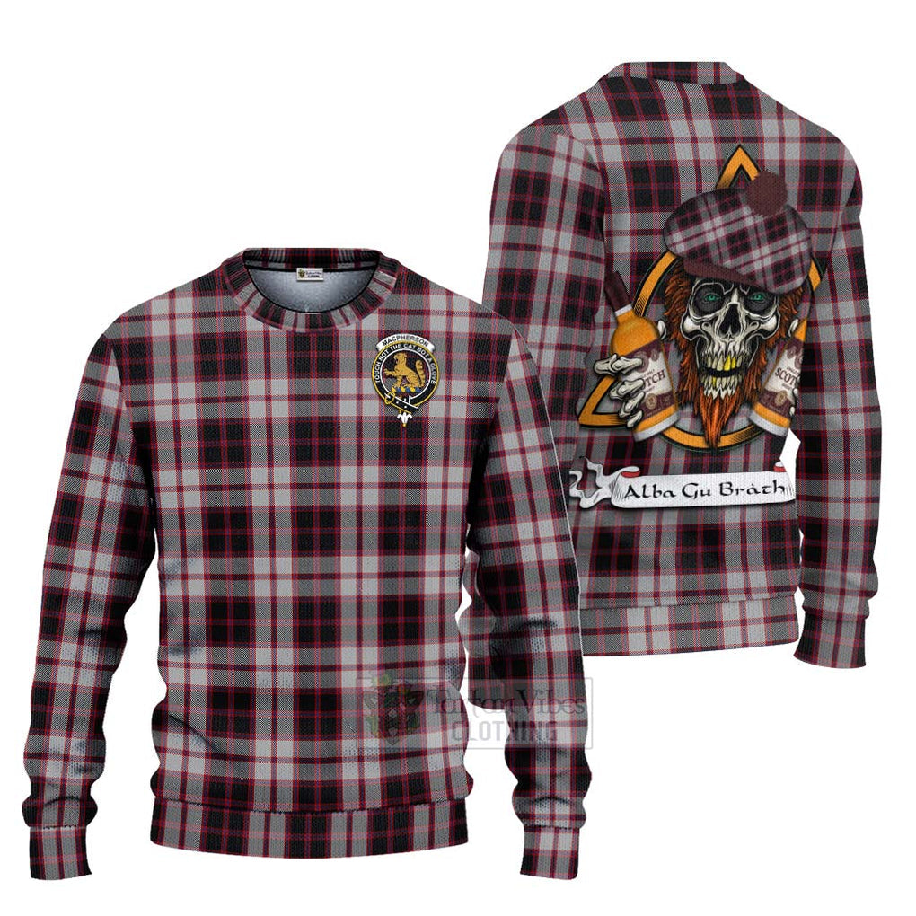 Tartan Vibes Clothing MacPherson (McPherson) Tartan Knitted Sweater with Family Crest and Bearded Skull Holding Bottles of Whiskey