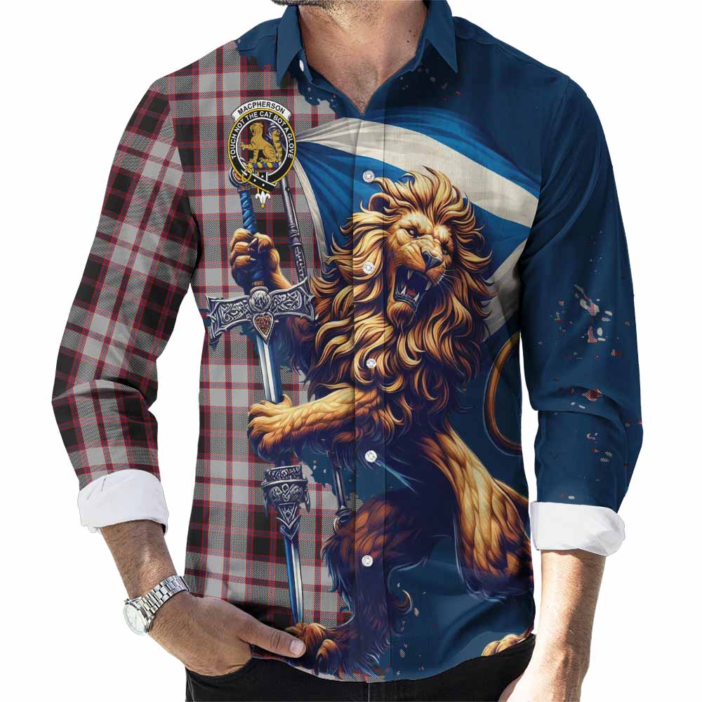 Tartan Vibes Clothing MacPherson (McPherson) Tartan Family Crest Long Sleeve Button Shirt with Scottish Majestic Lion