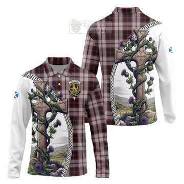 MacPherson (McPherson) Tartan Long Sleeve Polo Shirt with Family Crest and St. Andrew's Cross Accented by Thistle Vines Unisex - Tartan Vibes Clothing