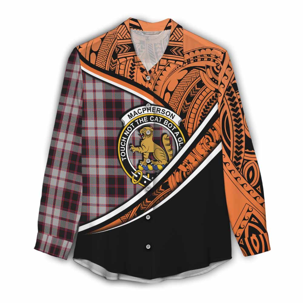 Tartan Vibes Clothing MacPherson (McPherson) Crest Tartan Women's Casual Shirt with Maori Tattoo Style - Orange Version