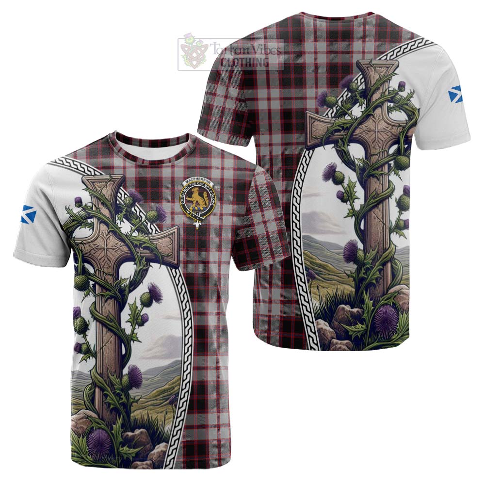 Tartan Vibes Clothing MacPherson (McPherson) Tartan Cotton T-shirt with Family Crest and St. Andrew's Cross Accented by Thistle Vines