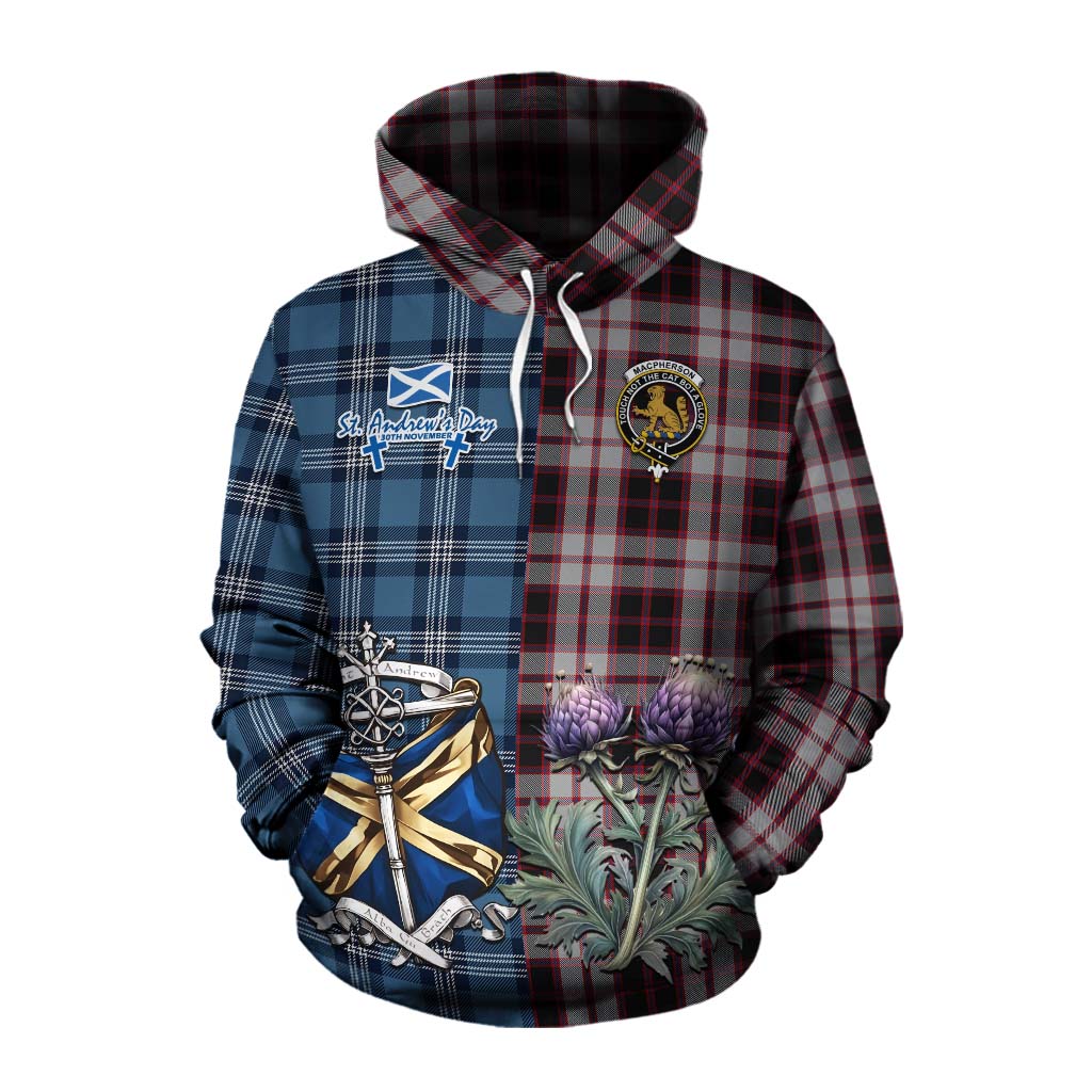 Tartan Vibes Clothing MacPherson (McPherson) Tartan Cotton Hoodie Happy St. Andrew's Day Half Tartan Style