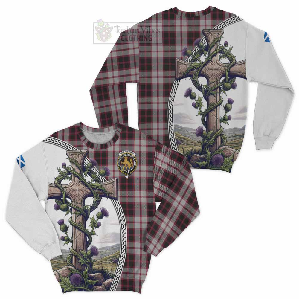 Tartan Vibes Clothing MacPherson (McPherson) Tartan Sweatshirt with Family Crest and St. Andrew's Cross Accented by Thistle Vines