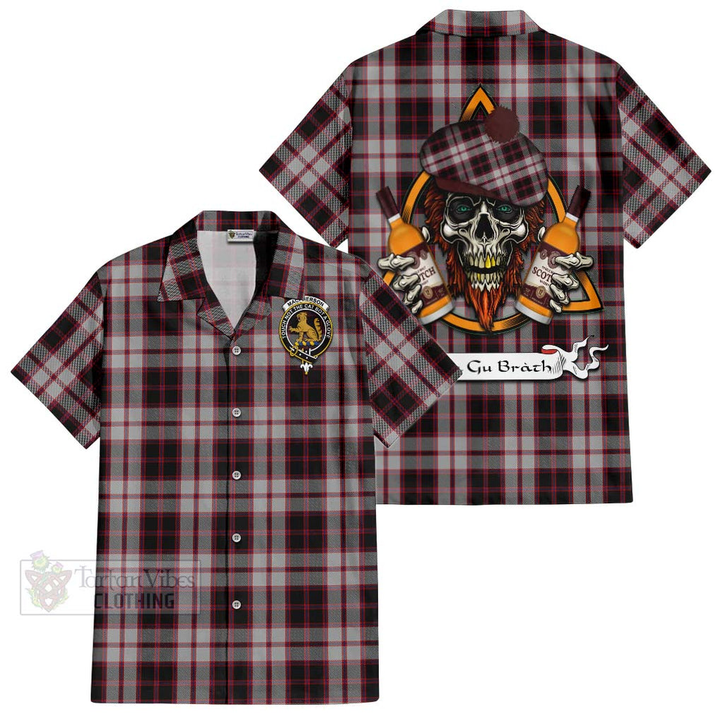 Tartan Vibes Clothing MacPherson (McPherson) Tartan Short Sleeve Button Shirt with Family Crest and Bearded Skull Holding Bottles of Whiskey