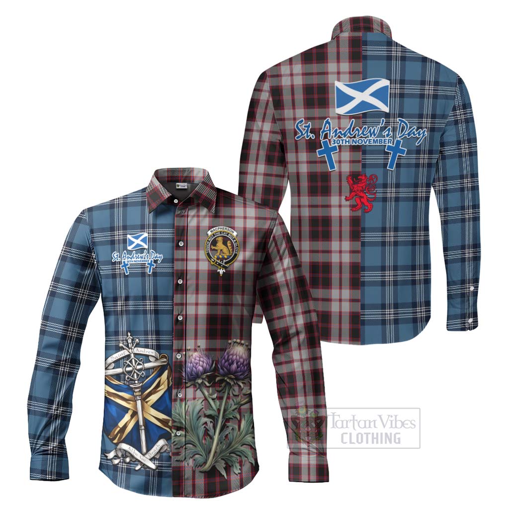 Tartan Vibes Clothing MacPherson (McPherson) Tartan Long Sleeve Button Shirt Happy St. Andrew's Day Half Tartan Style