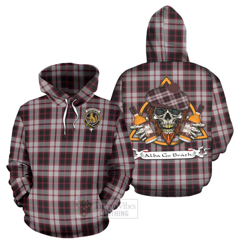 Tartan Vibes Clothing MacPherson (McPherson) Tartan Hoodie with Family Crest and Bearded Skull Holding Bottles of Whiskey