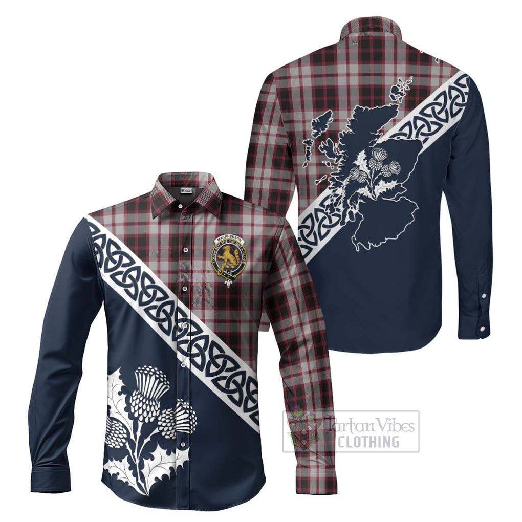 Tartan Vibes Clothing MacPherson (McPherson) Tartan Long Sleeve Button Shirt Featuring Thistle and Scotland Map