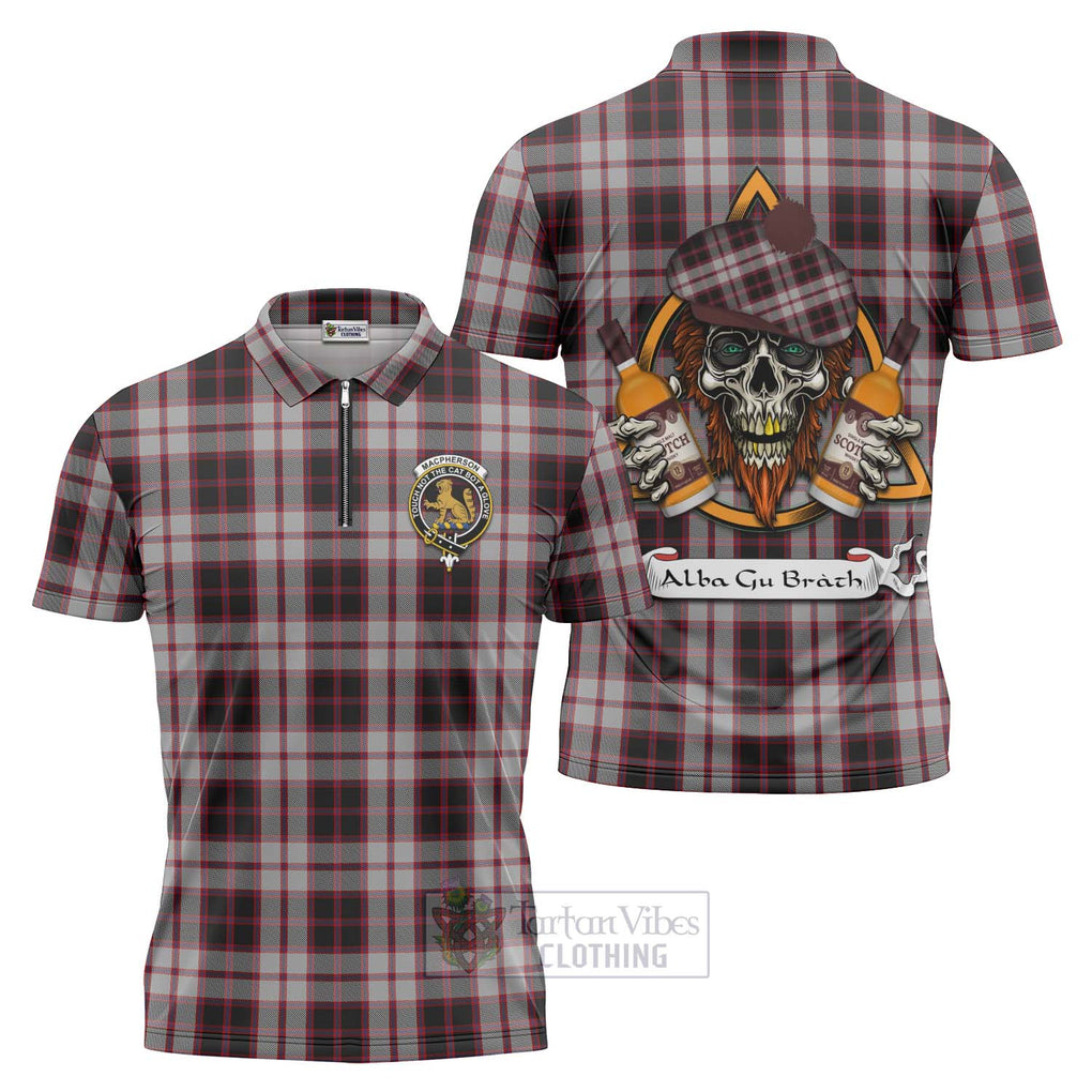 Tartan Vibes Clothing MacPherson (McPherson) Tartan Zipper Polo Shirt with Family Crest and Bearded Skull Holding Bottles of Whiskey