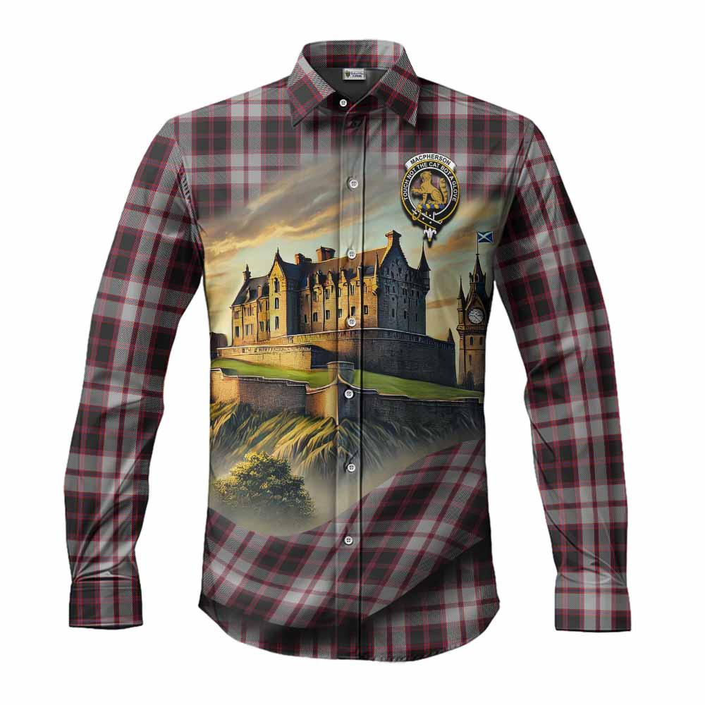 MacPherson (McPherson) Tartan Family Crest Long Sleeve Button Shirt with Scottish Ancient Castle Style Men's Shirt S - Tartan Vibes Clothing