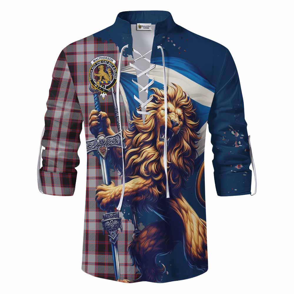 Tartan Vibes Clothing MacPherson (McPherson) Tartan Family Crest Ghillie Kilt Shirt with Scottish Majestic Lion