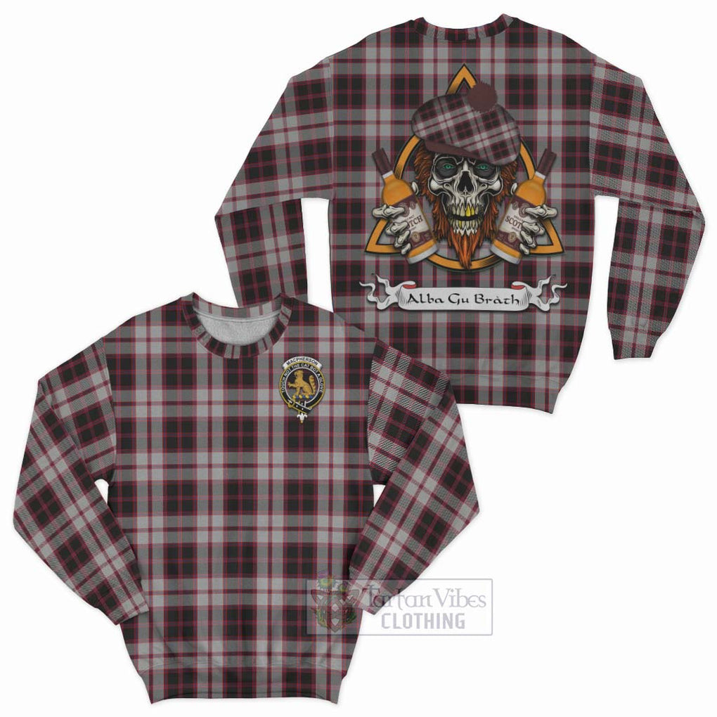 Tartan Vibes Clothing MacPherson (McPherson) Tartan Sweatshirt with Family Crest and Bearded Skull Holding Bottles of Whiskey