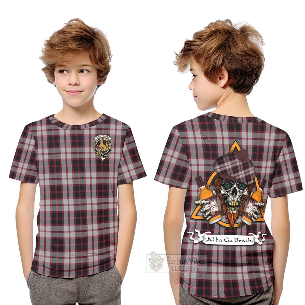 Tartan Vibes Clothing MacPherson (McPherson) Tartan Kid T-Shirt with Family Crest and Bearded Skull Holding Bottles of Whiskey