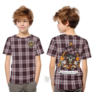 MacPherson (McPherson) Tartan Kid T-Shirt with Family Crest and Bearded Skull Holding Bottles of Whiskey