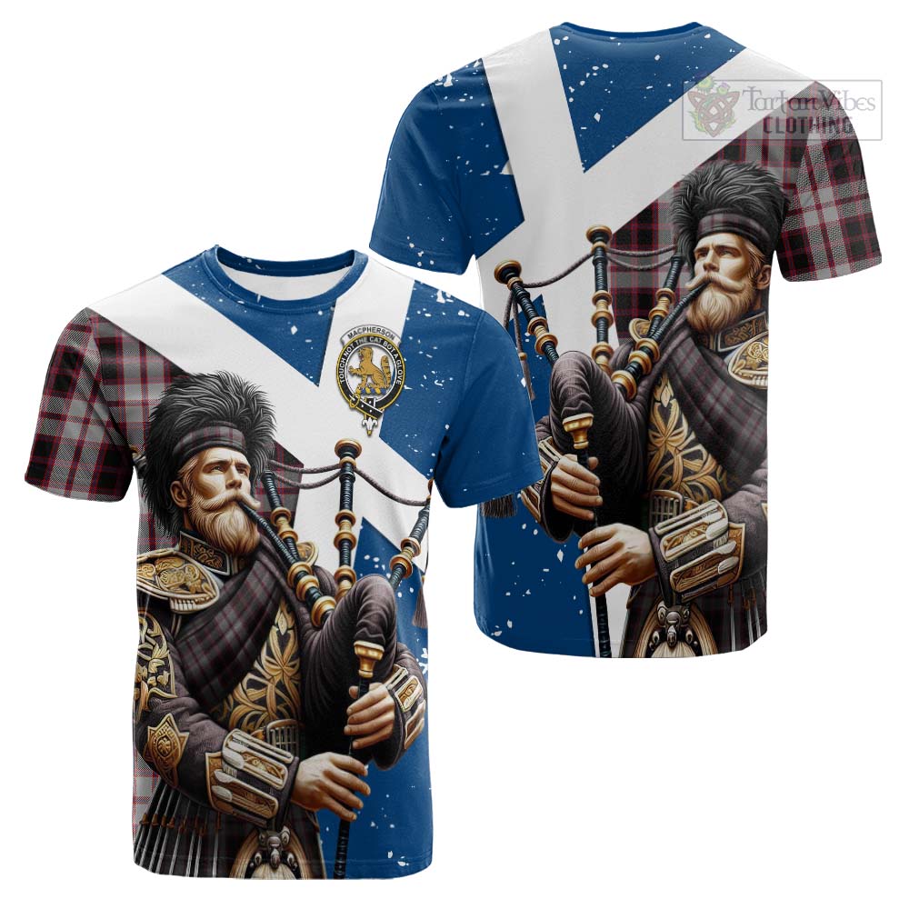 Tartan Vibes Clothing MacPherson (McPherson) Tartan Cotton T-shirt with Family Crest Scottish Bagpiper Vibes